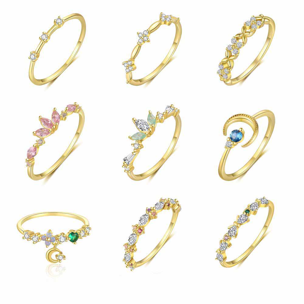 Modern Colorful CZ Crown Crescent Moon Star 925 Sterling Silver Adjustable Ring