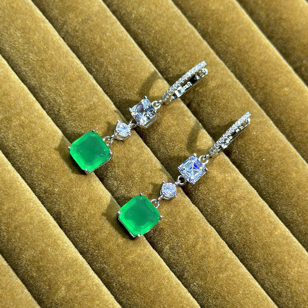 Emerald Green Square Octagon Cut Simulated Emerald Cubic Zirconia S925 Sterling Silver Geometric Drop Hoop Earrings