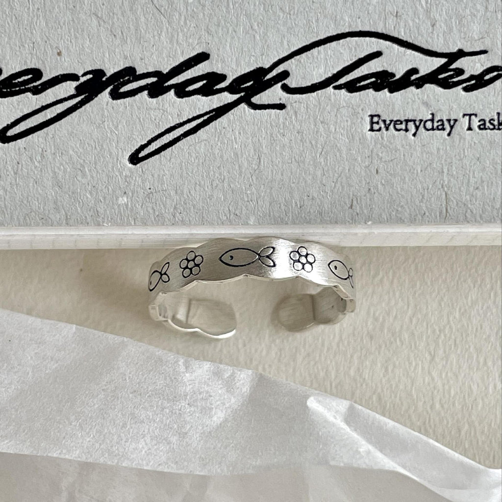 Vintage Wave Border Fish Flower 925 Sterling Silver Adjustable Ring