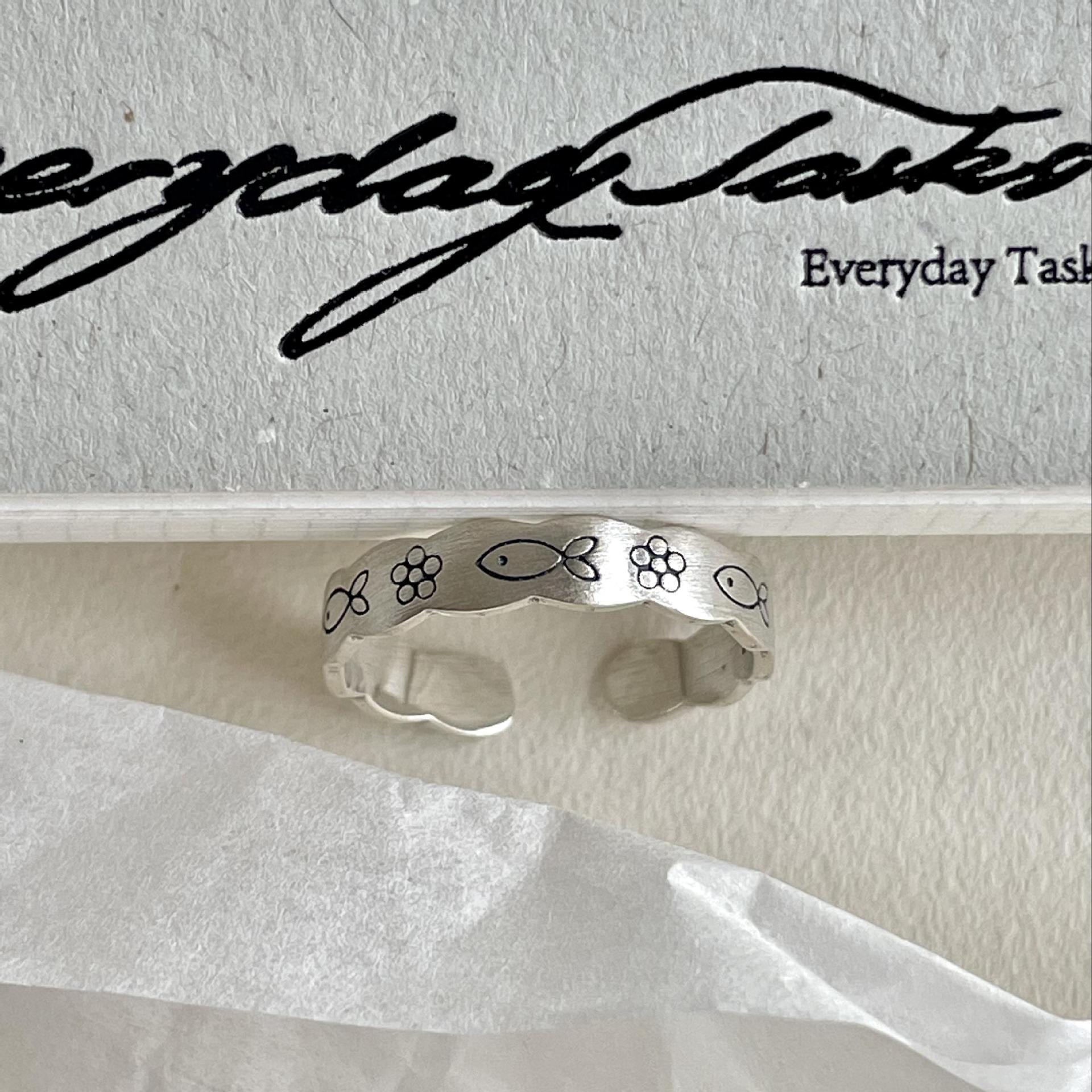 Vintage Wave Border Fish Flower 925 Sterling Silver Adjustable Ring