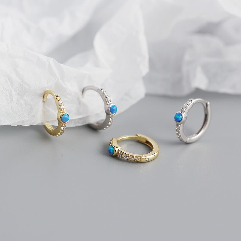 New Blue Created Opal CZ 925 Sterling Silver Huggie Hoop Earrings