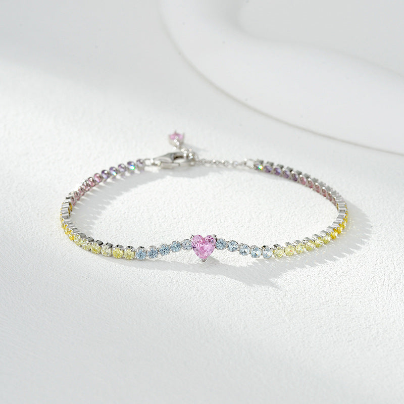 Rainbow Love Heart Shape Cubic Zirconia Tennis Bracelet in 925 Sterling Silver with Adjustable Chain Multicolor Fashion Jewelry for Women Birthday Anniversary Gift