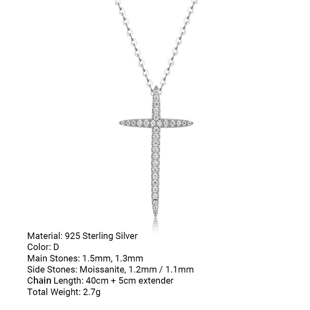 Edgy Moissanite Cross With Clean Lines, 925 Sterling Silver Necklace