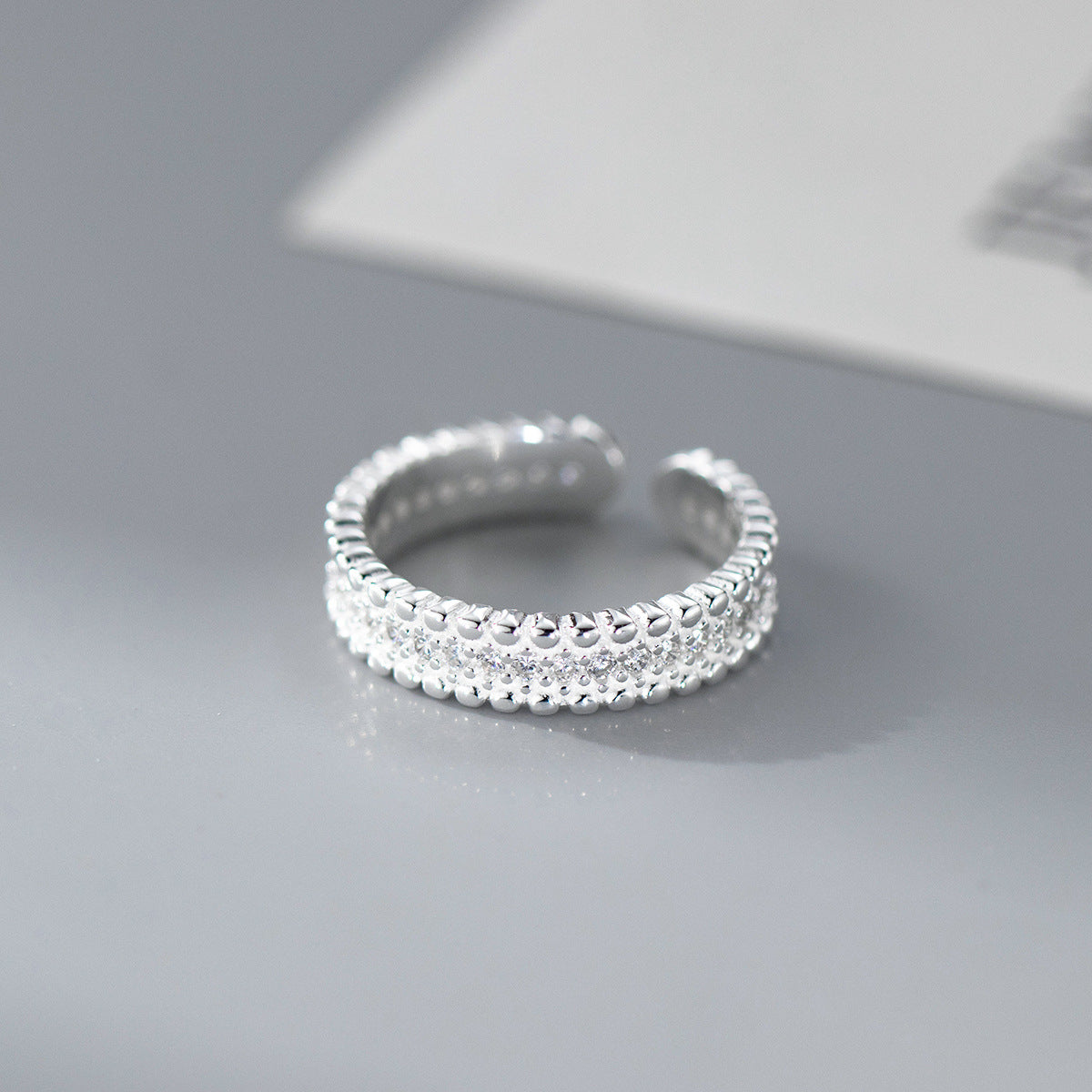 Cubic Zirconia Multi Row Pave Beaded Edge S925 Sterling Silver Adjustable Open Band Ring