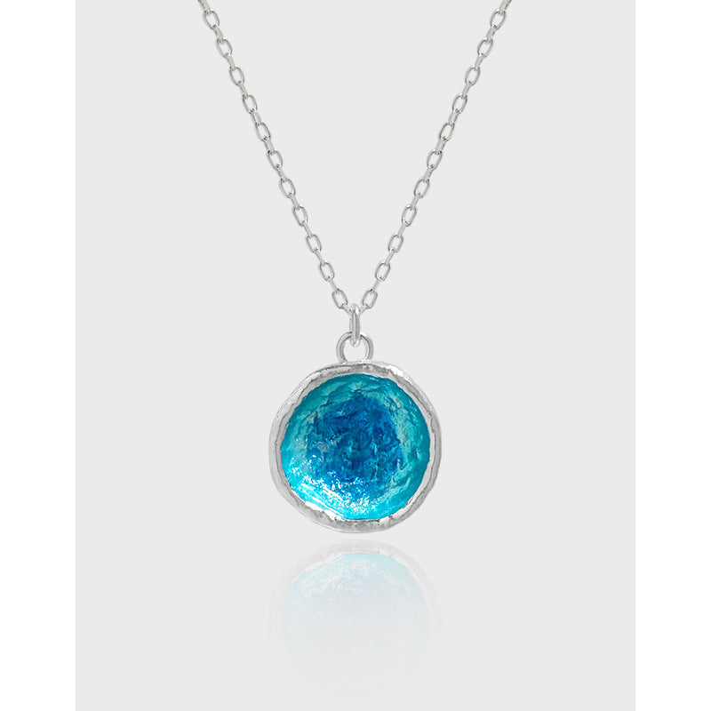Ocean Series Blue Enamel Irregular Round 925 Sterling Silver Pendant Necklace