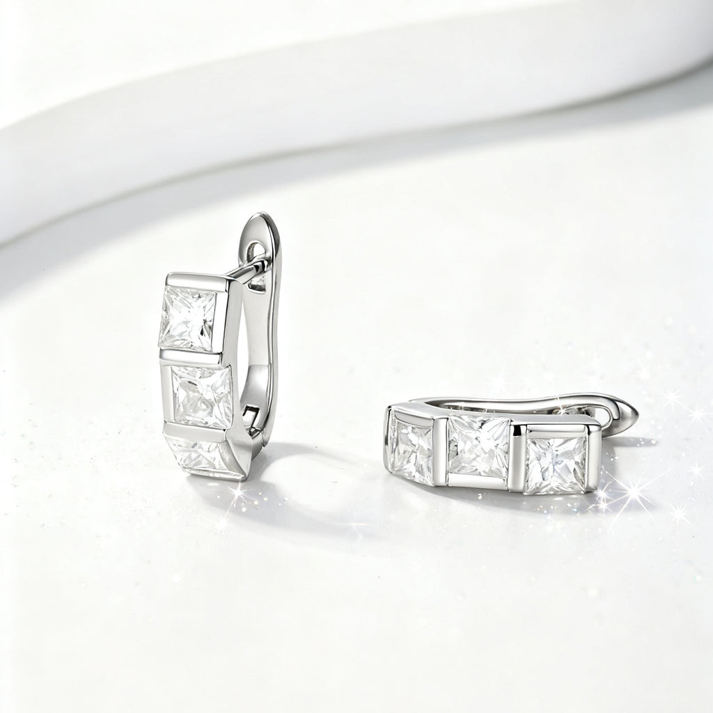 Mossanite Square Stone with Three Small Circles 925 Sterling Silver Earrings