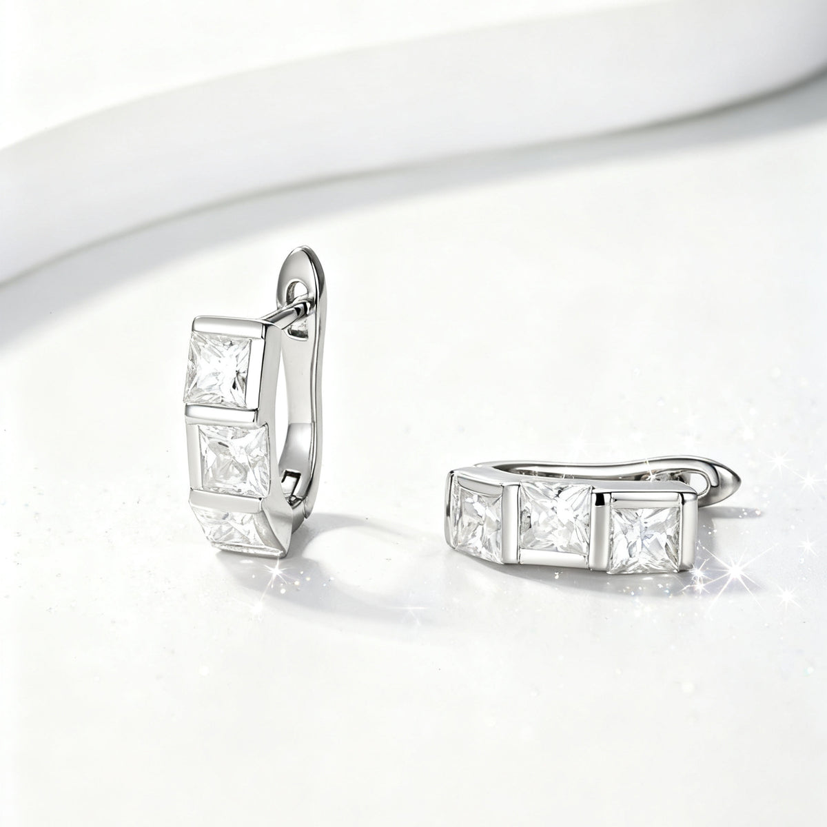 Mossanite Square Stone with Three Small Circles 925 Sterling Silver Earrings