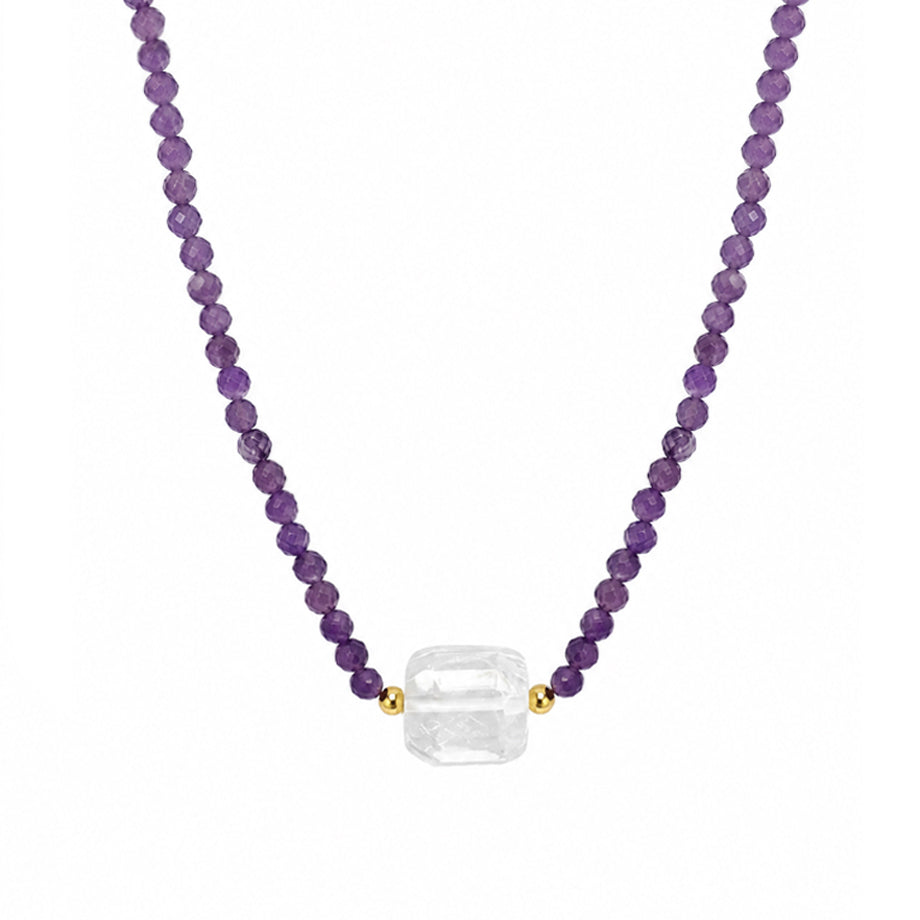 Elegant Gradient Purple Amethyst Faceted Clear Quartz Beaded Adjustable 925 Sterling Silver Necklace