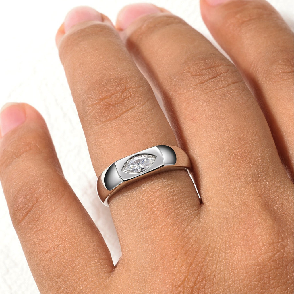 Minimalist Marquise Cut White Moissanite 925 Sterling Silver Signet Band Ring