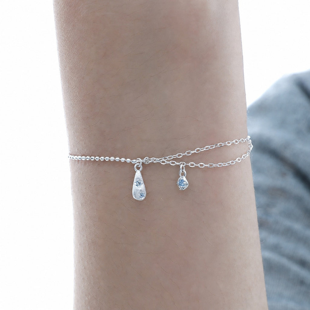 Cubic Zirconia Teardrop Pendant: 925 Sterling Silver Minimalist Layered Teardrop Pendant with Double Chain Bracelet