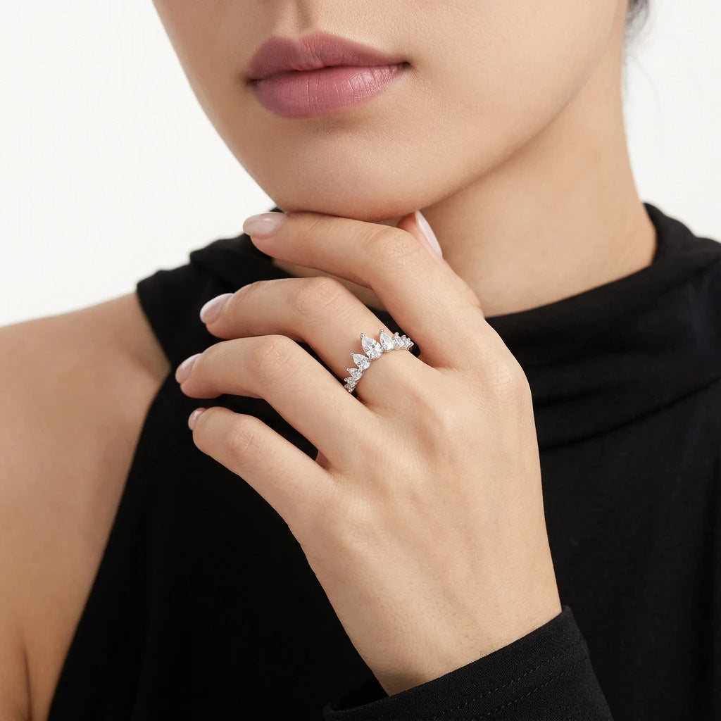 Minimalist Crown Wave Pear Moissanite 925 Sterling Silver Ring