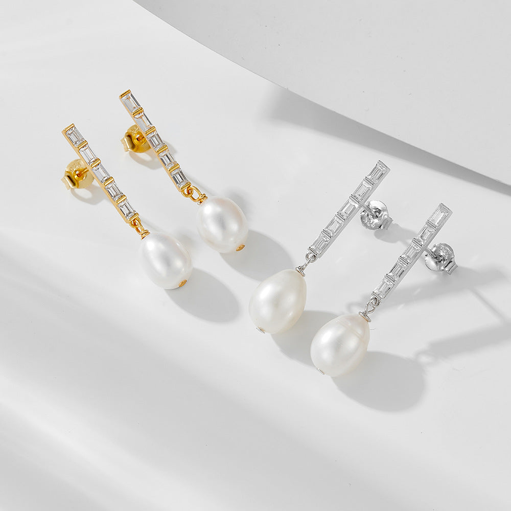 Elegant Oval Natural Pearl 925 Sterling Silver CZ Dangling Earrings