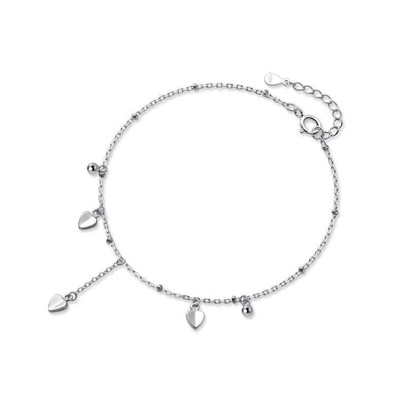 Pure Metal Polished Heart Charm Bead Chain S925 Sterling Silver Anklet