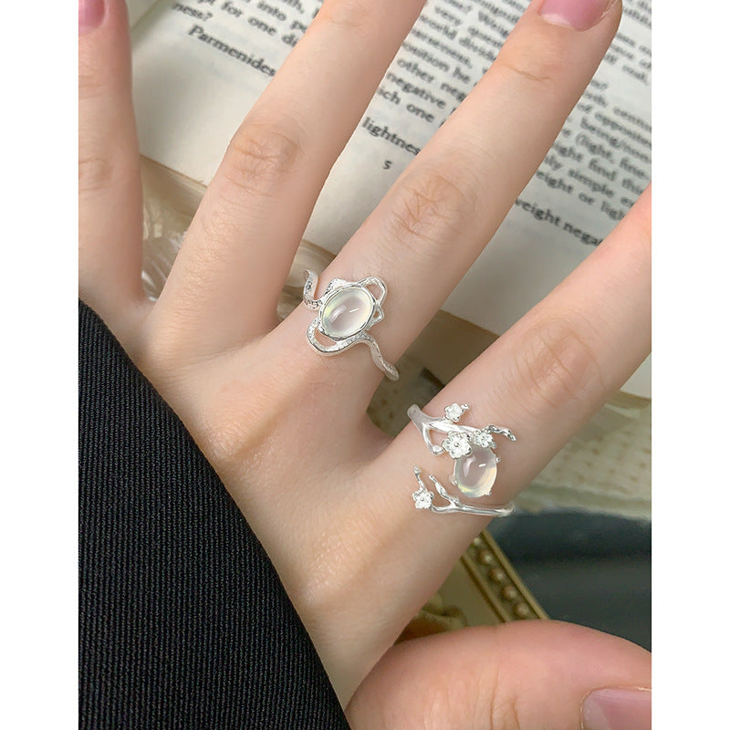 Geometric Design White Agate Stone S925 Sterling Silver Open Adjustable Ring