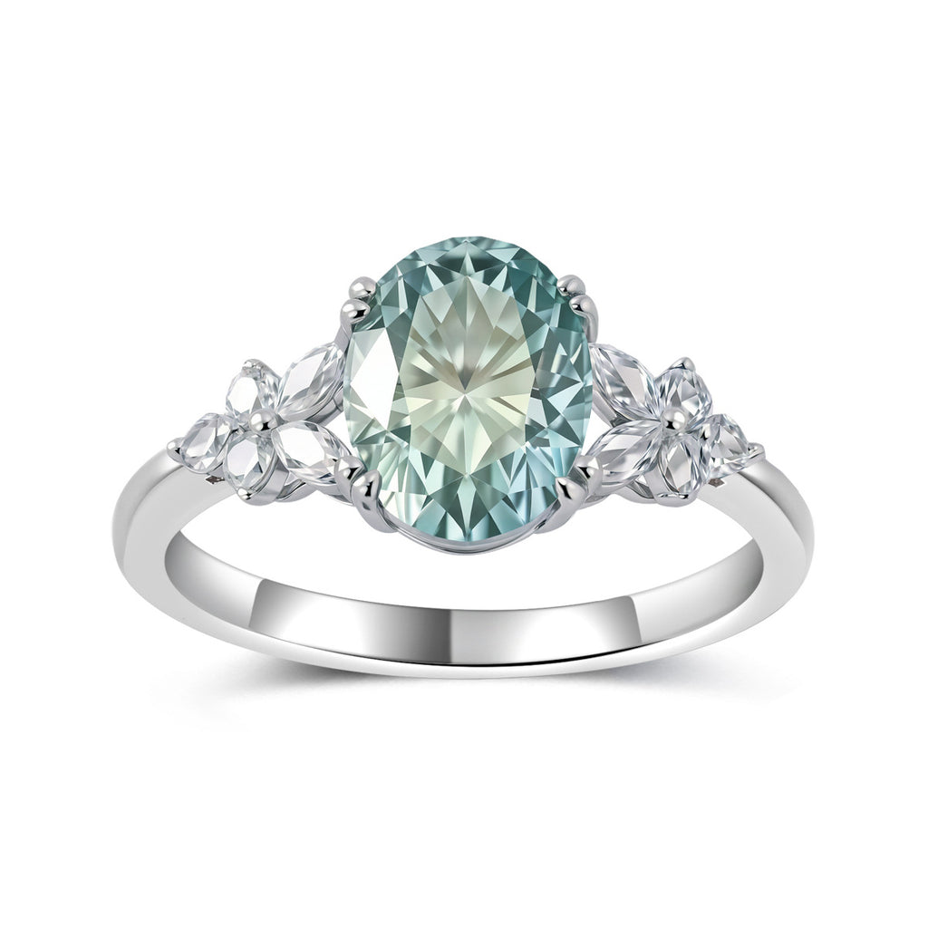 Oval Blue Green Moissanite  925 Sterling Silver Floral Side Stone Cluster Ring