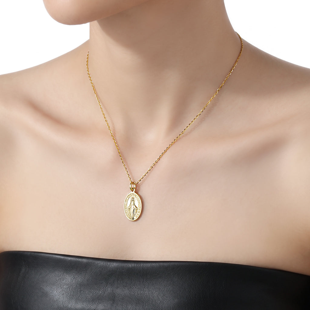 Religious Oval Virgin Mary Medallion S925 Sterling Silver Adjustable Chain Necklace