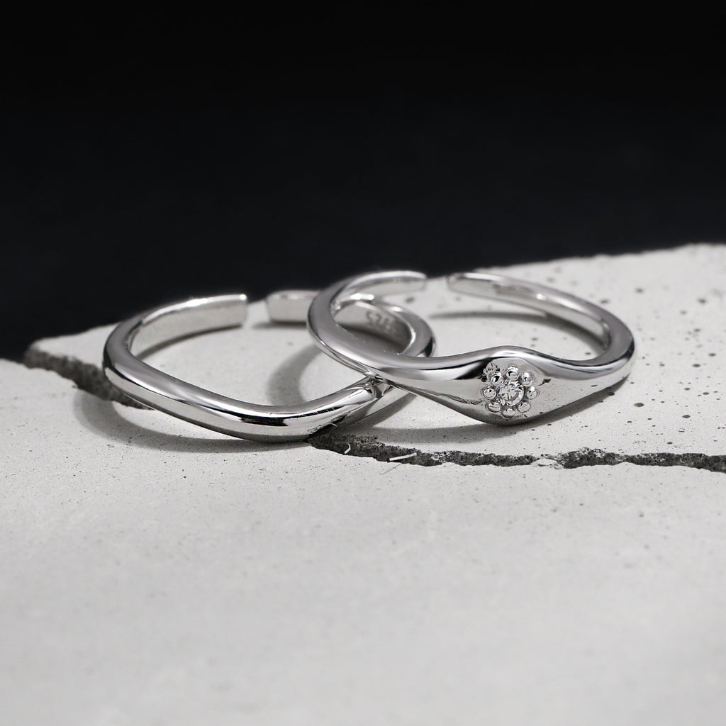 Minimalist Modern Geometric Wave 925 Sterling Silver Ring with Cubic Zirconia Adjustable Ring