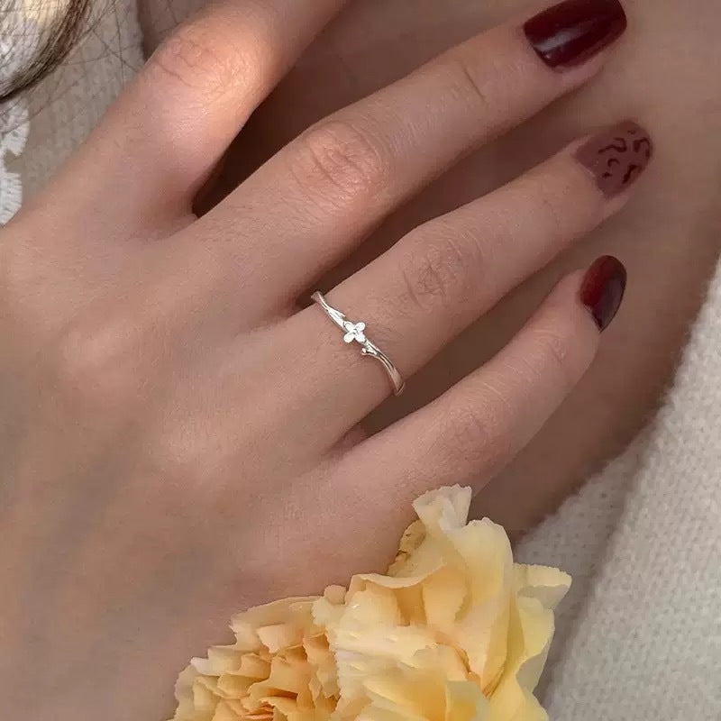 Minimalist Delicate Lilac Flower Branch Pure Metal S925 Sterling Silver Adjustable Open Ring