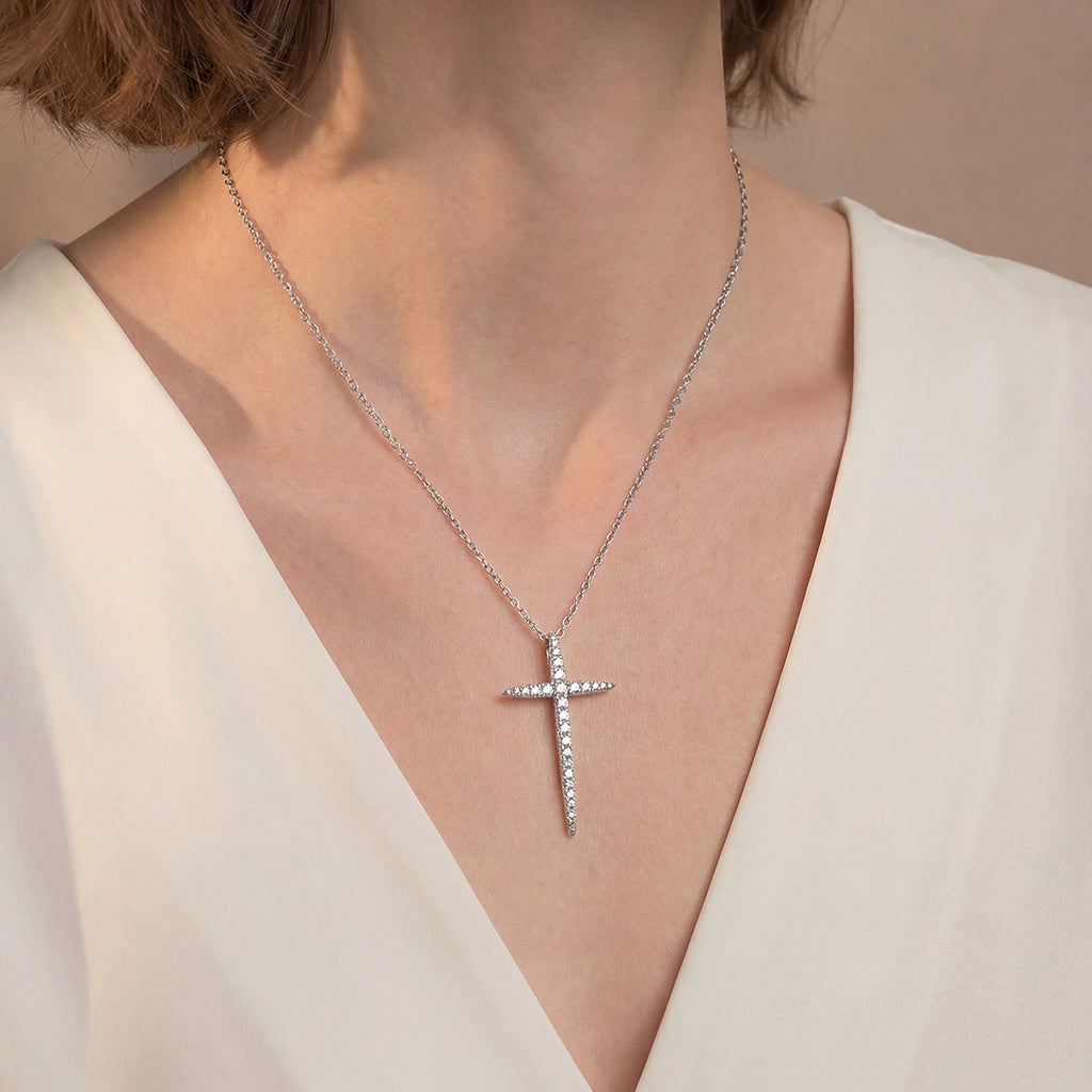 Edgy Moissanite Cross With Clean Lines, 925 Sterling Silver Necklace