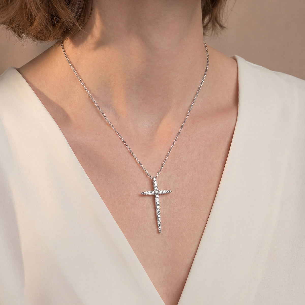 Edgy Moissanite Cross With Clean Lines, 925 Sterling Silver Necklace