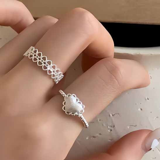 Women Elegant Double Layers Lace 925 Sterling Silver Adjustable Ring