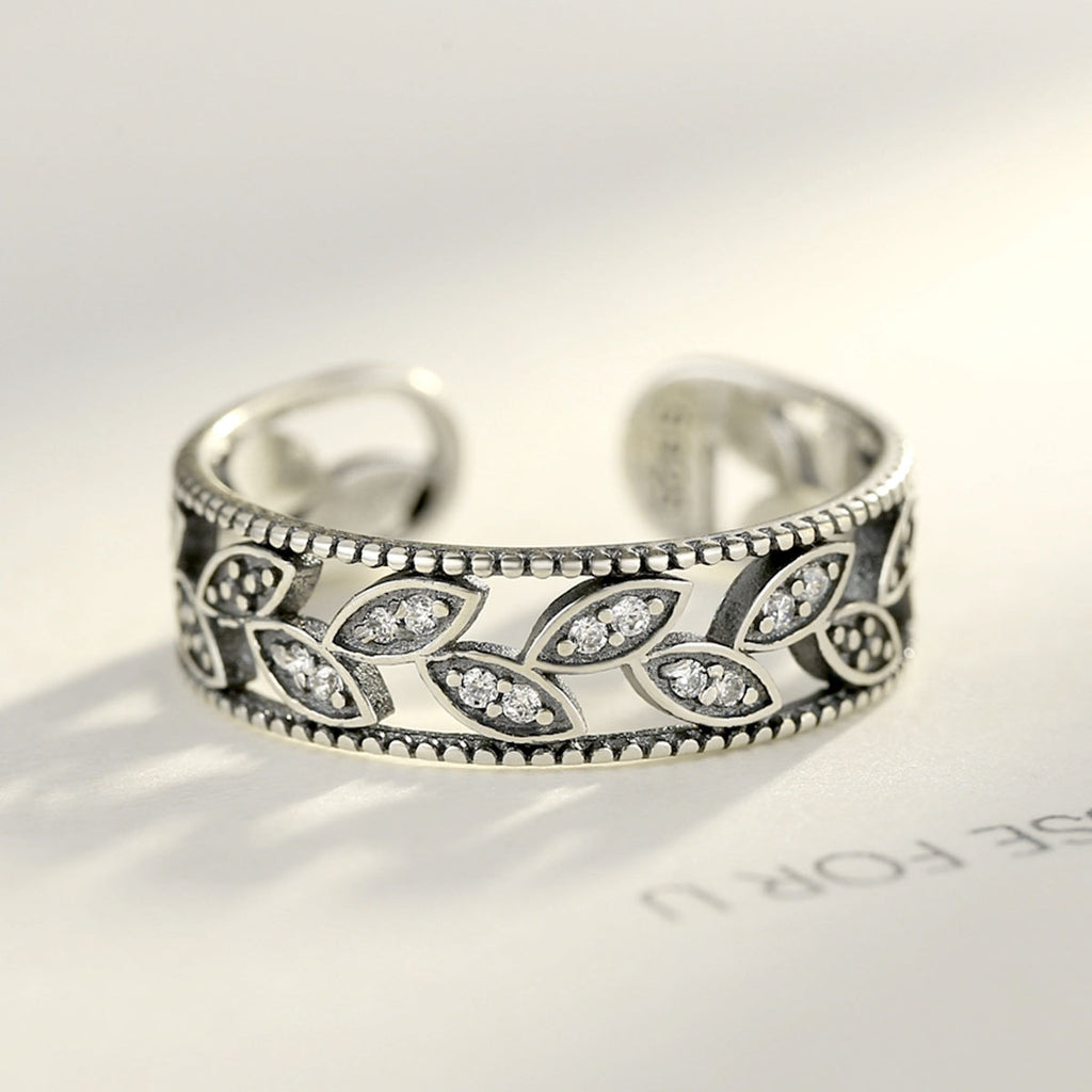 Vintage CZ Leaves 925 Sterling Silver Adjustable Ring