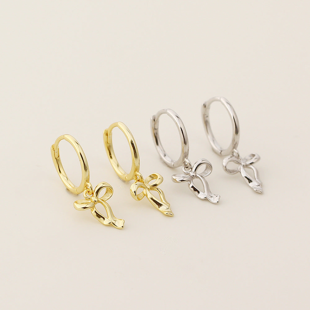 Bow Knot Ribbon 925 Sterling Silver Sweet Fresh Delicate Hoop Drop Dangle Earrings