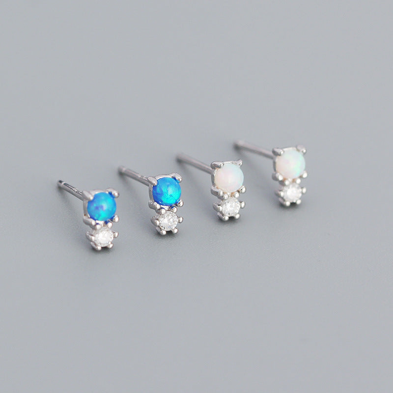 New Round Created Opal Snowman  CZ 925 Sterling Silver Stud Earrings