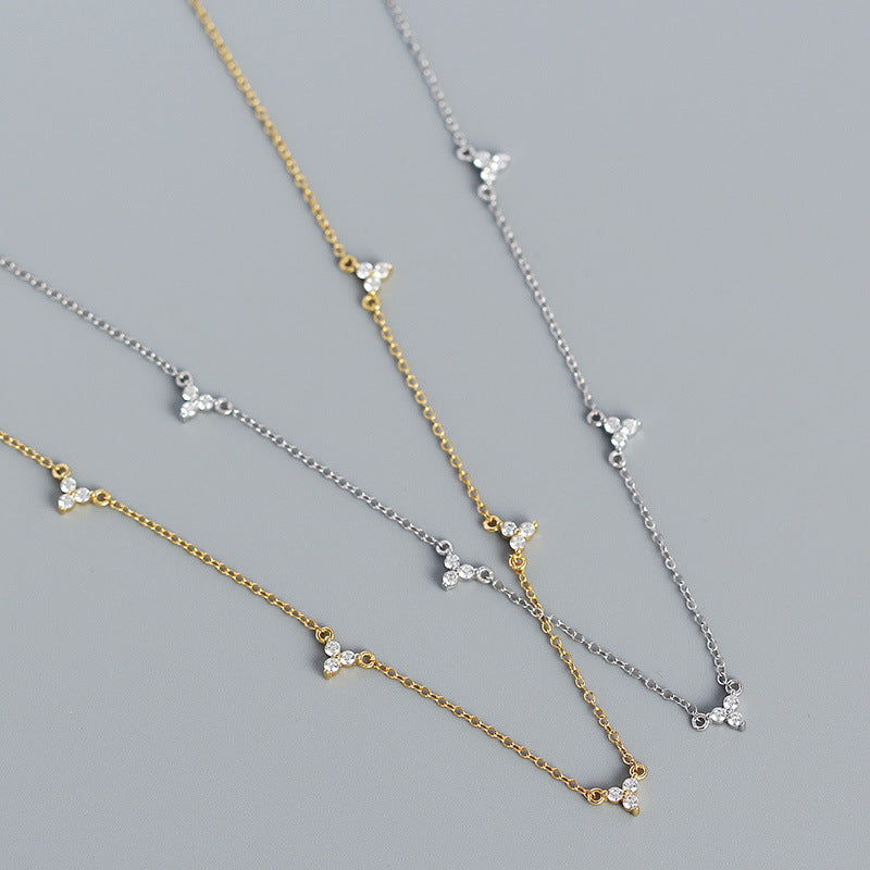 Simple CZ Three Leaf Clovers 925 Sterling Silver Necklace
