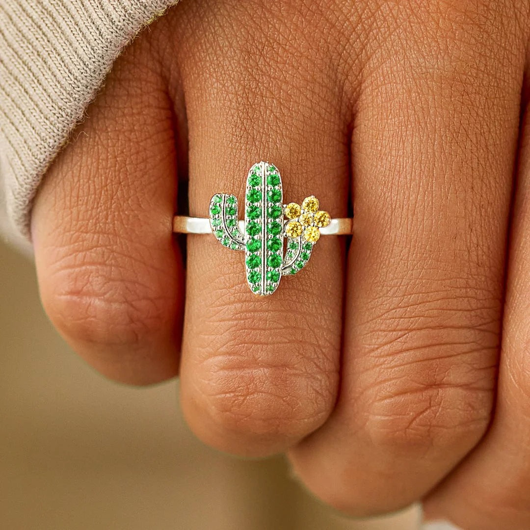 Green Cactus Flower Cubic Zirconia 925 Sterling Silver Ring