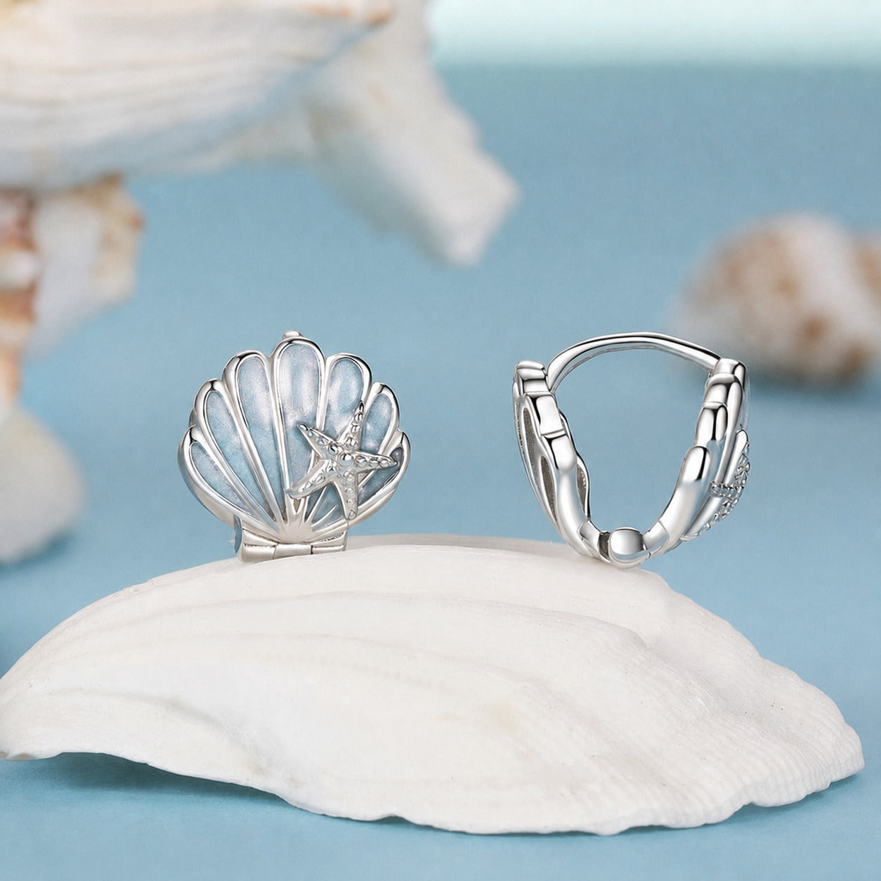 Ocean Style Powder Blue Epoxy Resin Colored Shell Star  Cube Zirconium 925 Sterling Silver Clip on Earrings