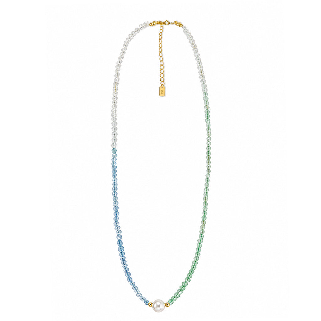 Pastel Aquamarine Green Strawberry Quartz Single Focal Pearl Beaded Strand 925 Sterling Silver Necklace