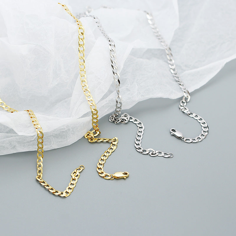 Women Layering Casual Party Modern Vintage Fashion Jewelry Flat Link Chain 925 Sterling Silver Cuban Chain Necklace