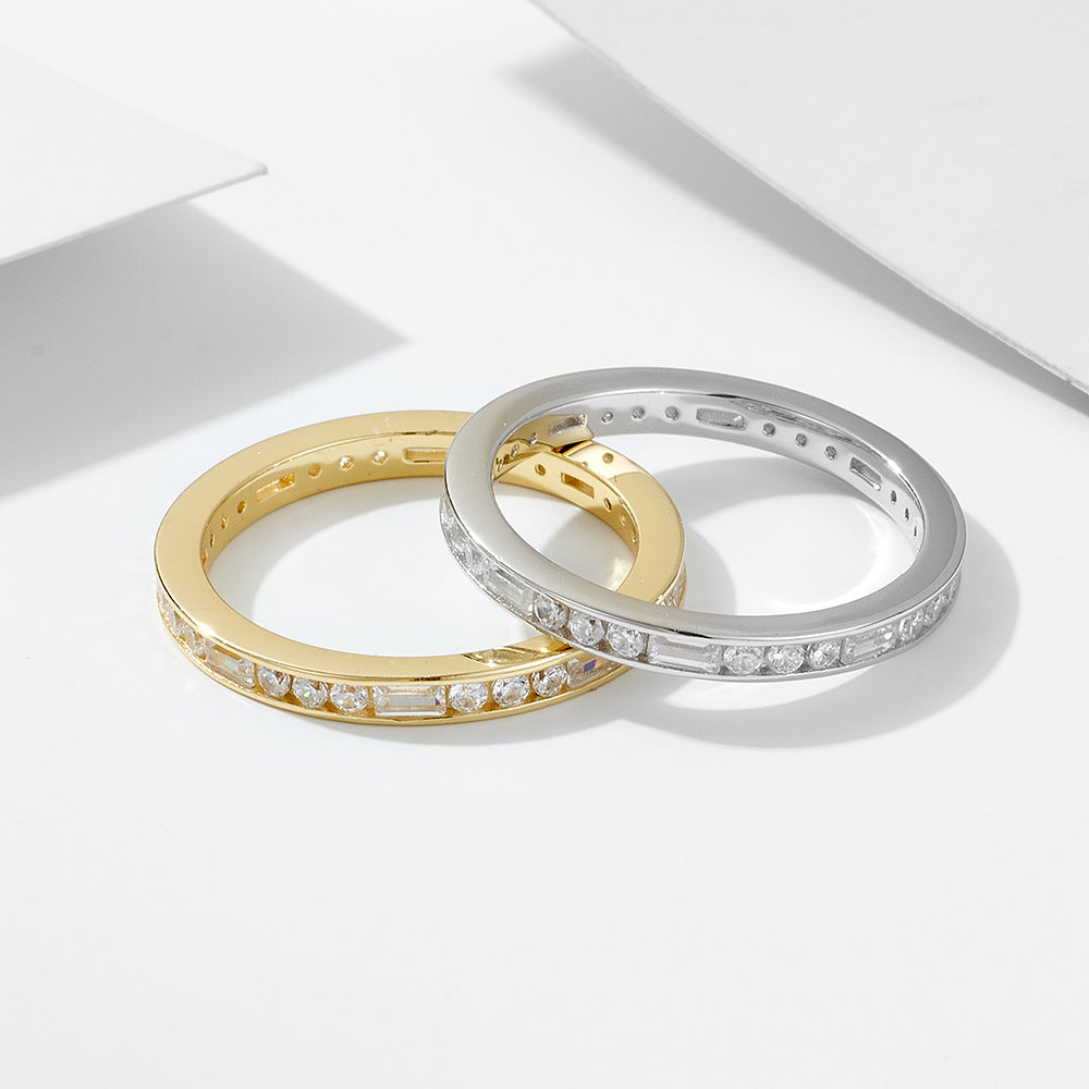 Fashion Micro Setting Geometry Baguette Round CZ 925 Sterling Silver Ring