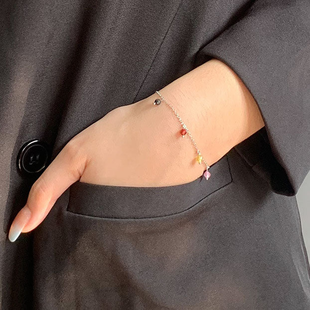 Colorful Beads Curb Chain 925 Sterling Silver Bracelet