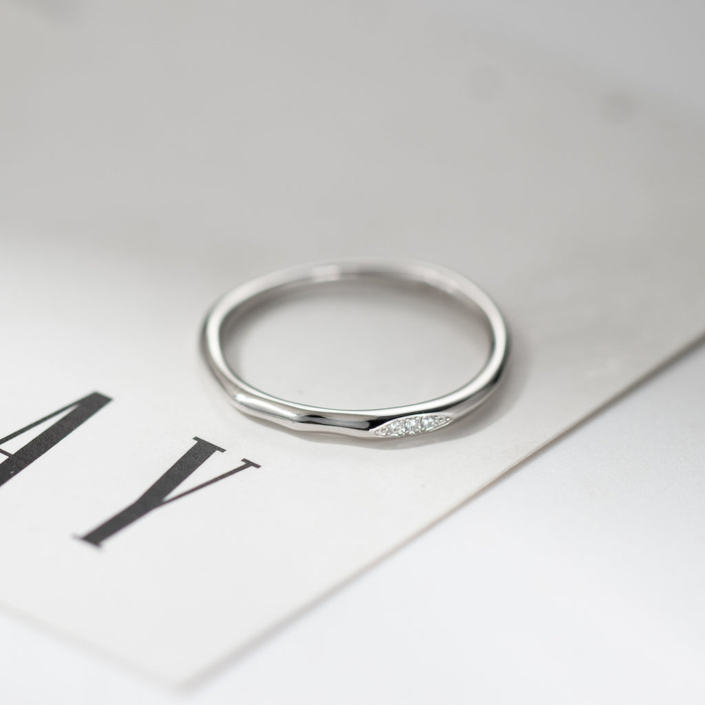 Cubic Zirconia Irregular Wavy Slim S925 Sterling Silver Vintage Textured Minimalist Delicate Stacking Ring