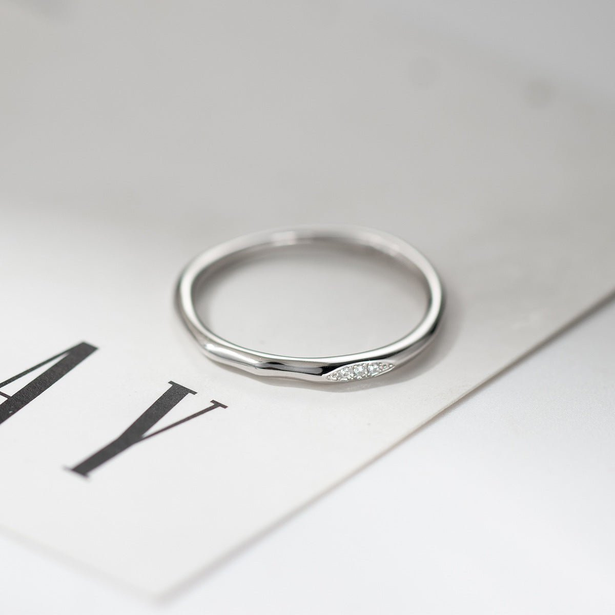 Cubic Zirconia Irregular Wavy Slim S925 Sterling Silver Vintage Textured Minimalist Delicate Stacking Ring