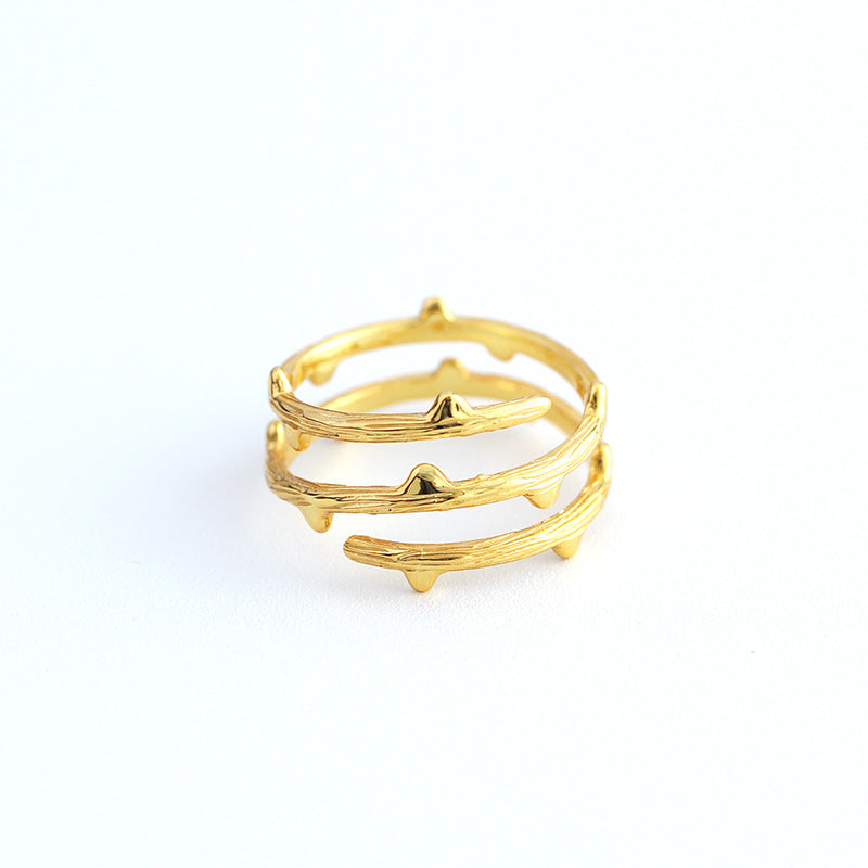 Thorn Branch Textured Wrap S925 Sterling Silver Open Band Adjustable Ring