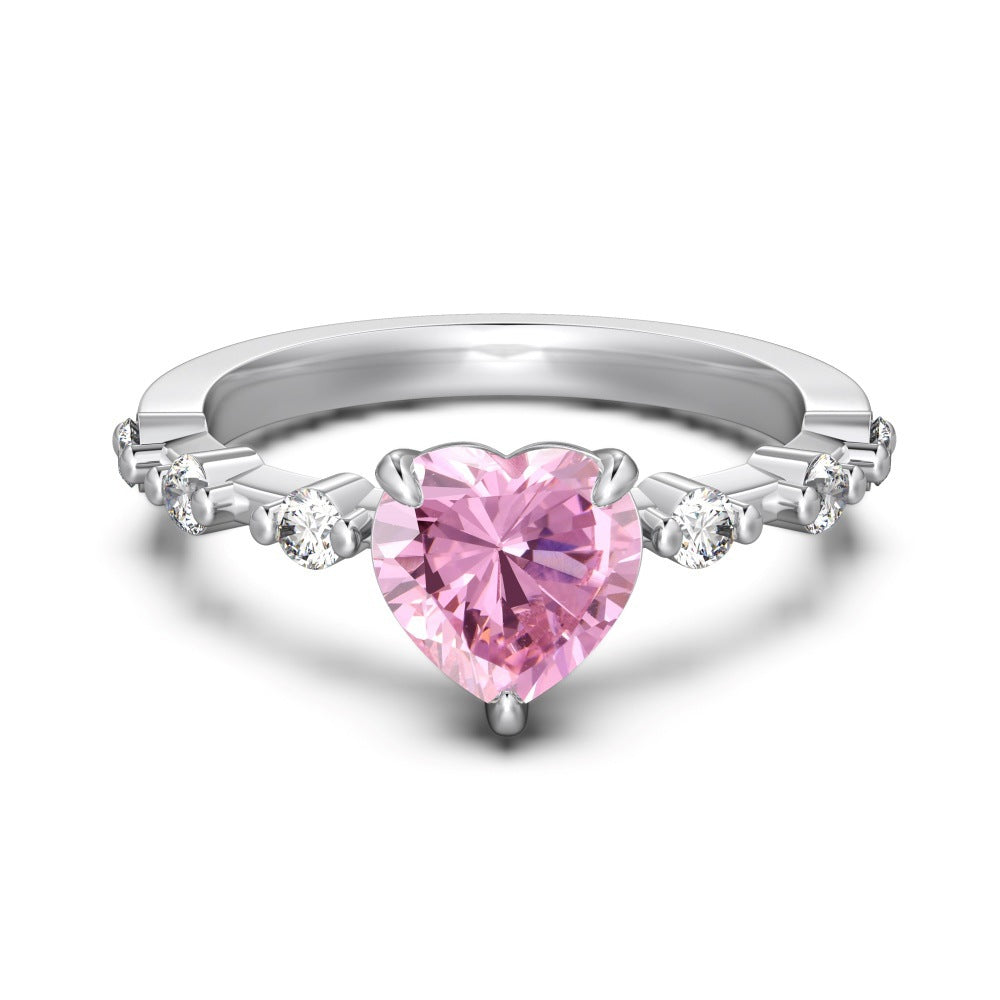 Wedding Beautiful Pink 8A Cubic Zirconia Heart 925 Sterling Silver Adjustable Ring