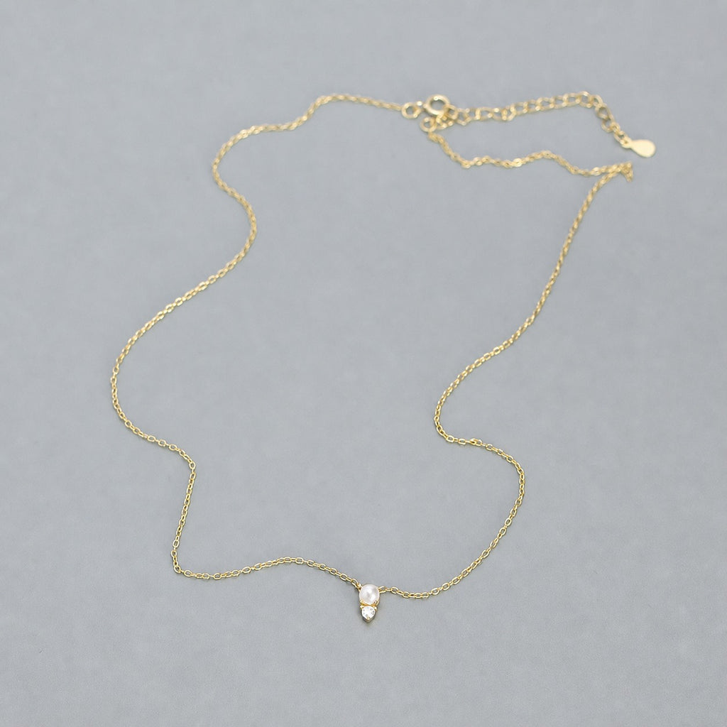 Mini Pearl And Clear Cubic Zirconia Pendant Necklace 925 Sterling Silver Delicate Clavicle Chain Adjustable Necklace For Women Minimalist Elegant Fashion Daily Wear Anniversary Gift Jewelry