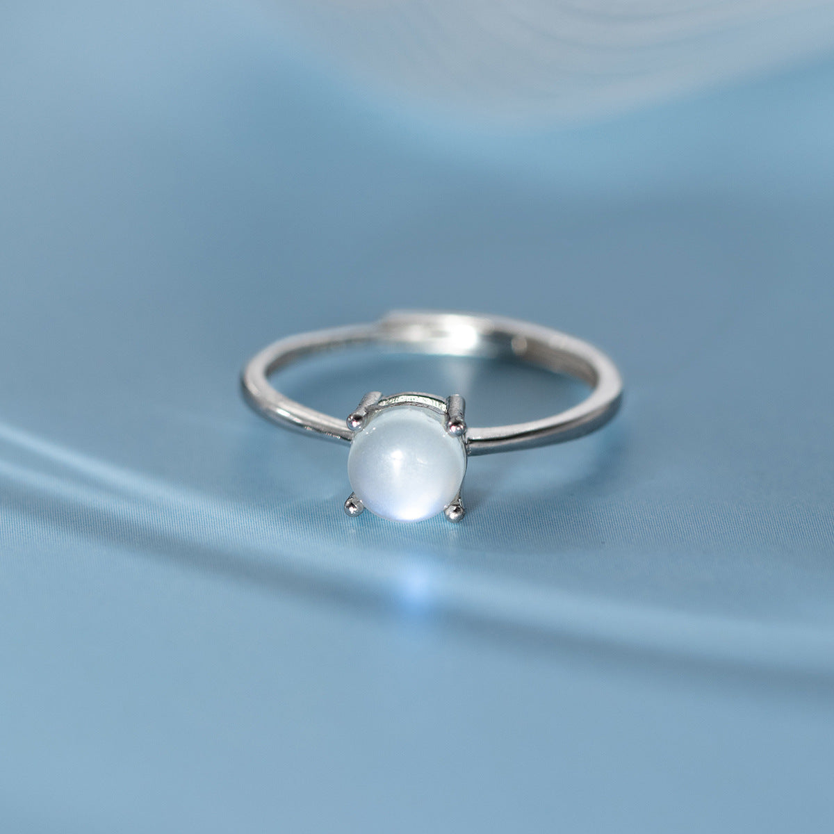 Round Moonstone Natural Stone Four Prong S925 Sterling Silver Adjustable Open Ring
