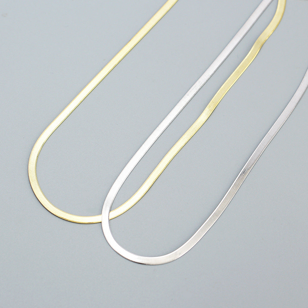 Minimalist Flat Herringbone Snake Chain Pure Metal 925 Sterling Silver Choker Necklace