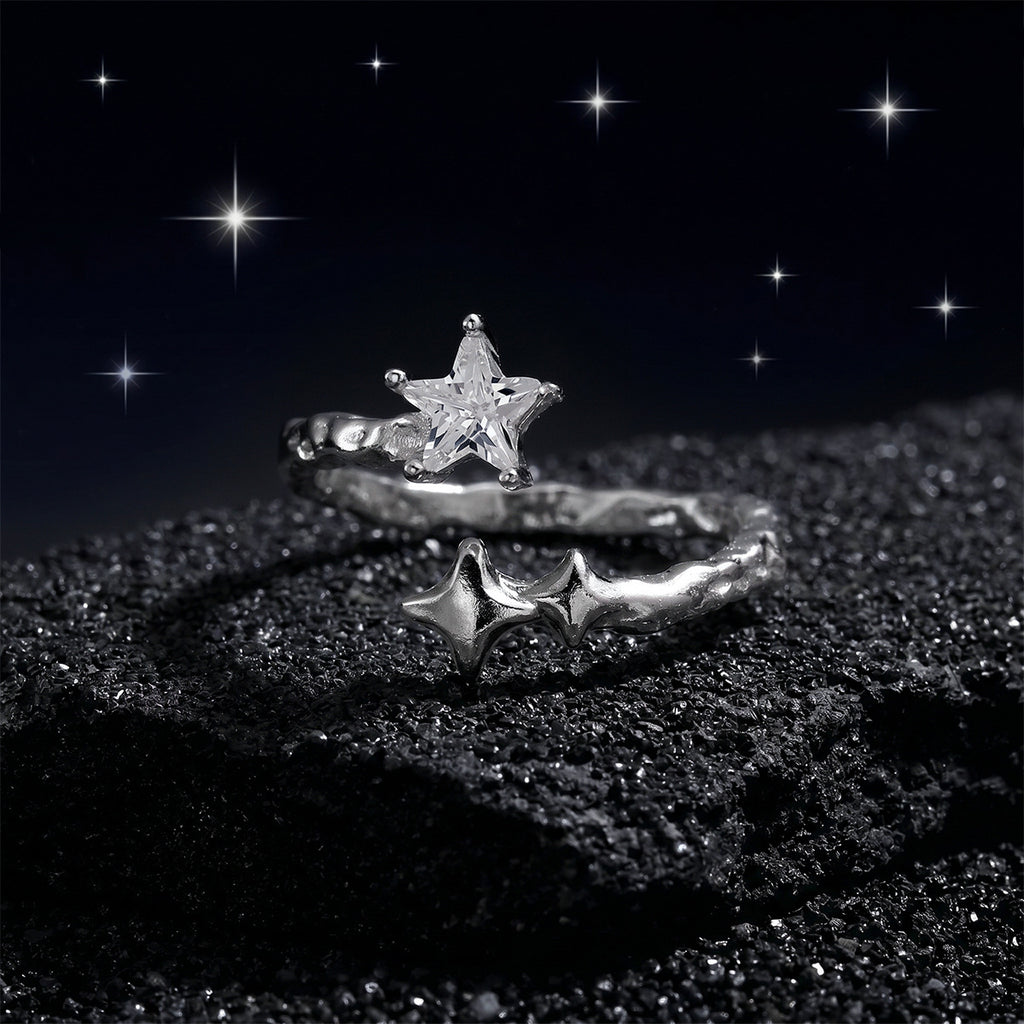 Asymmetrical Star White Gold Tone 925 Sterling Silver Fashion Open Ring