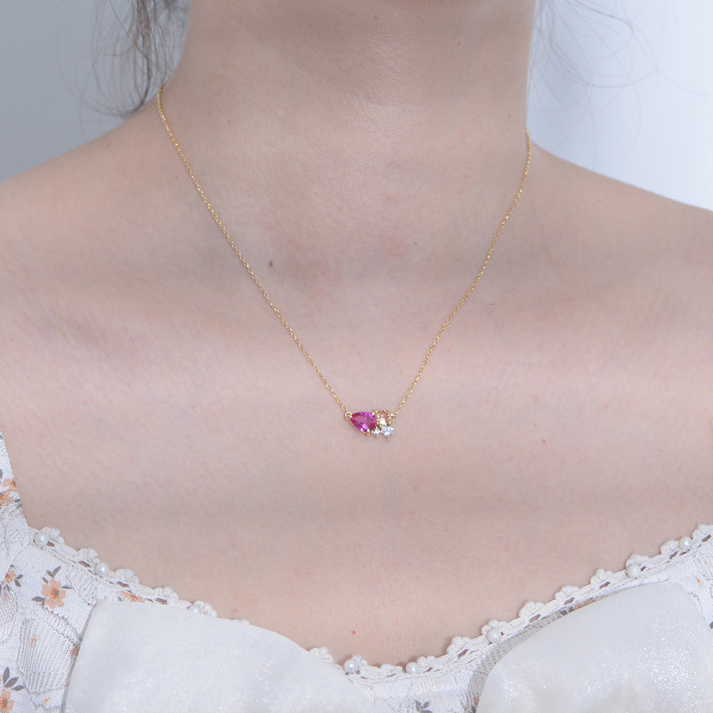 Women Pink Watedrop CZ 925 Sterling Silver Necklace