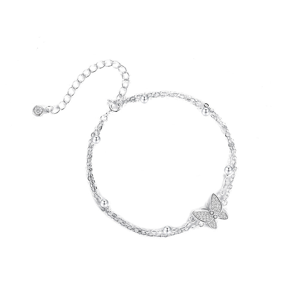 Women Double Layers Micro Setting CZ Butterful 925 Sterling Silver Bracelet