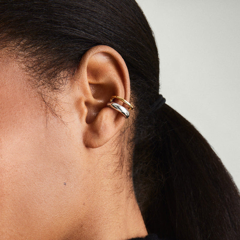 Double Layer Two Tone Geometric U Shape S925 Sterling Silver Ear Cuff