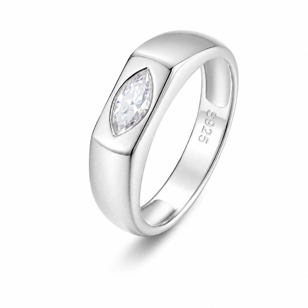 Minimalist Marquise Cut White Moissanite 925 Sterling Silver Signet Band Ring