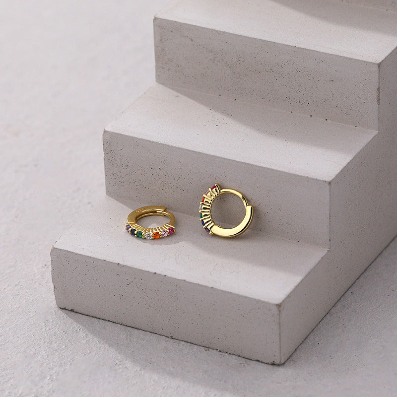 Colorful CZ Circle Casual 925 Sterling Silver Hoop Earrings