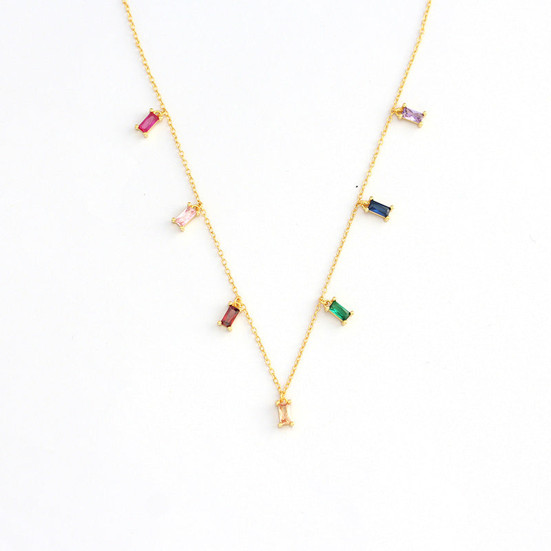 Modern Cubic Zirconia Multicolor Rectangular Baguette Station Chain 925 Sterling Silver Clavicle Necklace