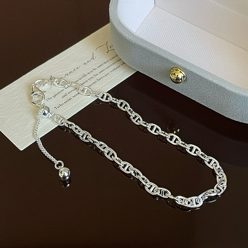 925 Sterling Silver Geometric Pig Nose Adjustable Sliding Chain Bracelet